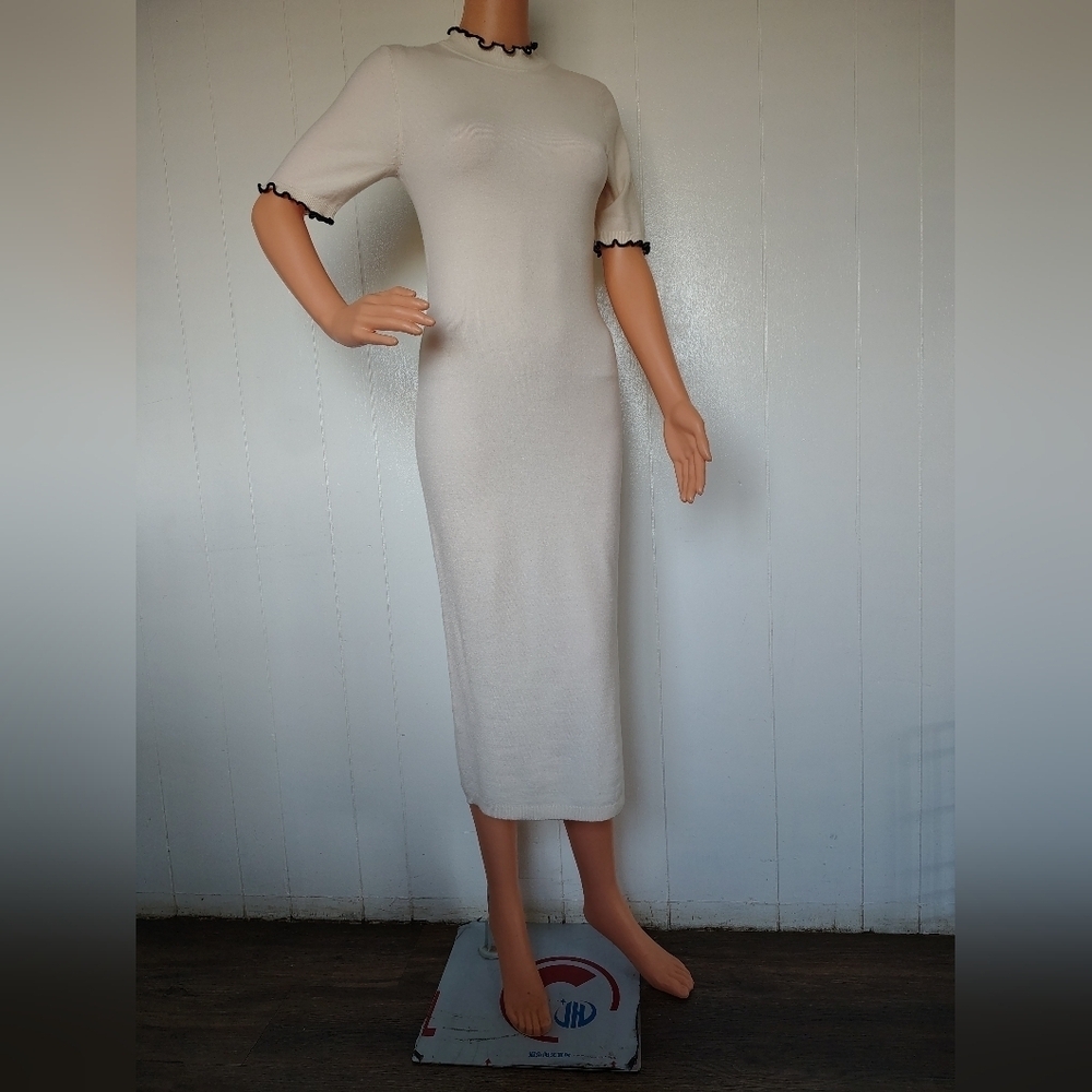 Vero Moda Cream Midi Dress with Black Trim Size M